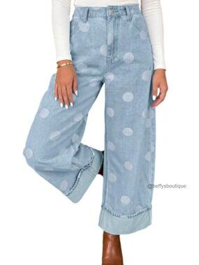 High Rise Wide Leg Crop Jeans Cuffed Hem Polka Dot Denim Pants